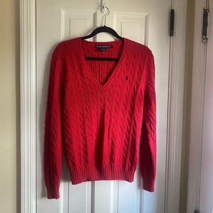 Ralph Lauren Sport Red Cotton Cable Knit V-Neck Sweater, Women’s Large